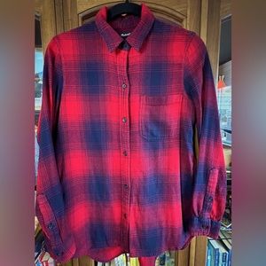 Madewell Navy Blue and Red Plaid Button Down Flannel Shirt Size S